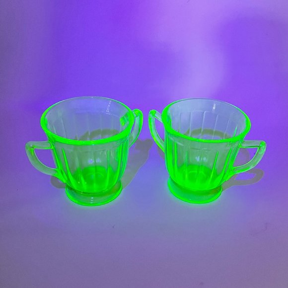 Vtg Vaseline Uranium Sugar Bowls Green Depression Glass Double Handle Lot of 2